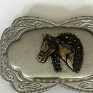 HORSE & HORSESHOE** WESTERN BELT BUCKLE SILVERTONE *needs tightening